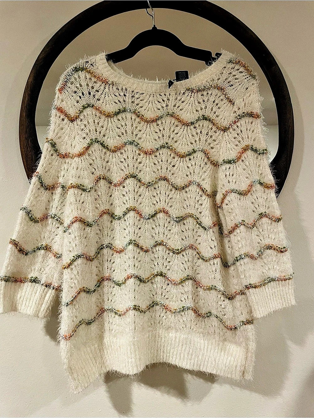Relativity Fuzzy Eyelash Knit Sweater White Pastel Wavy Stripe & Green Large